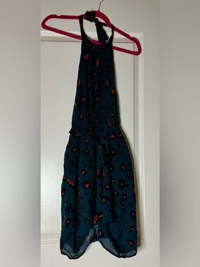 Halter Jumpsuit in Dark Teal with Red Print